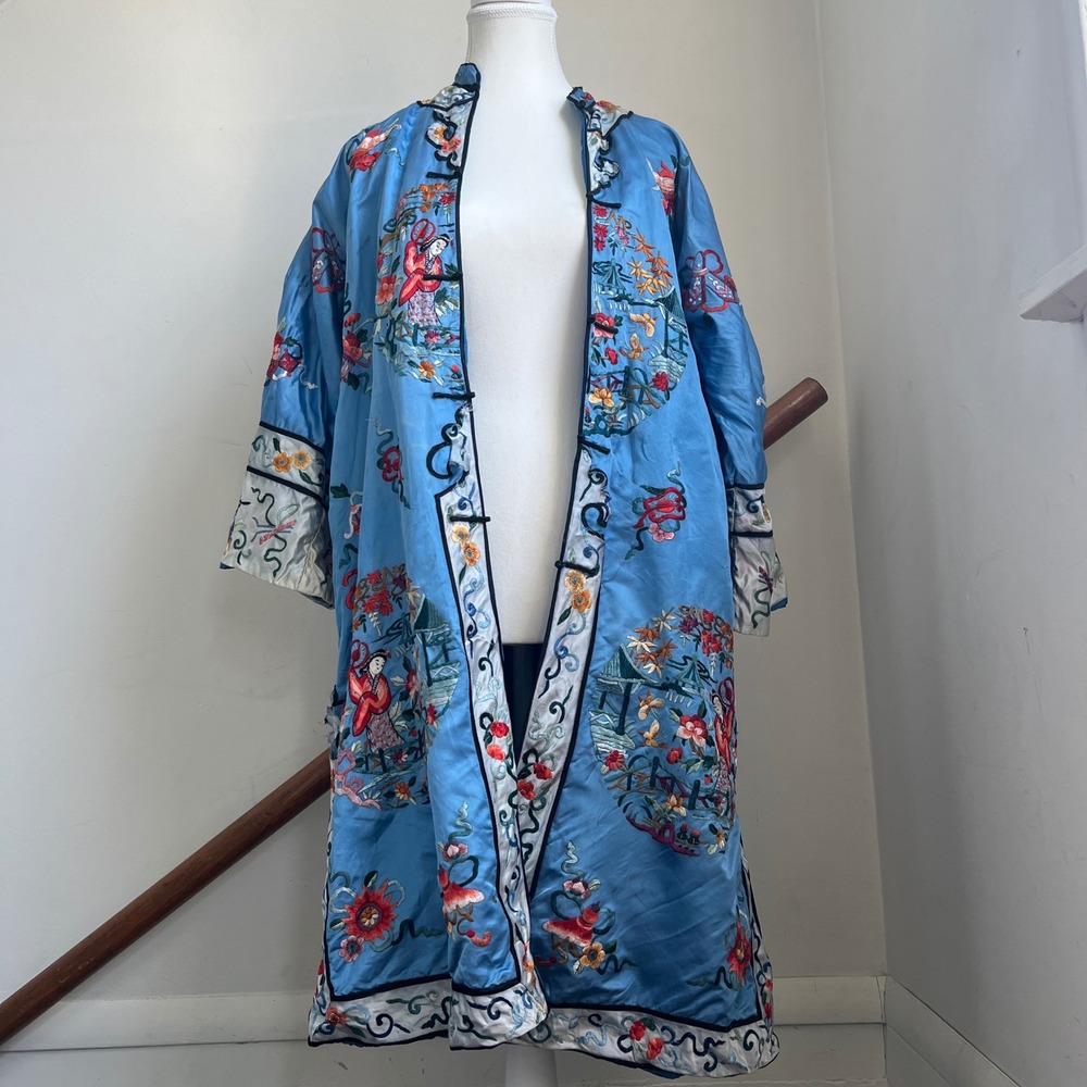 Vintage Chinese Robe Blue Silk Embroidered Frog Button 40s Antique Distressed
